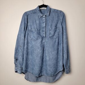 STANDARD GRACE WOMEN'S 3/4 SNAP UP LONG SLEEVE CHAMBRAY STONE WASH TOP SIZE M